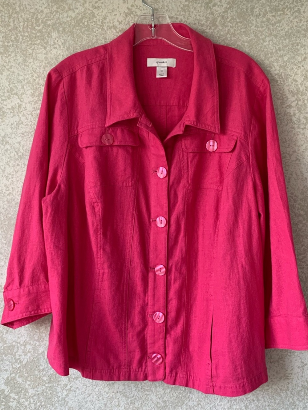 CJ Banks Bright Fuchsia Button-Front Shirt Jacket 1X Linen-blend